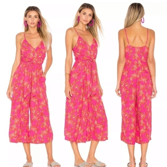 FREE PEOPLE Hot Tropics Jumpsuit Cropped Floral Tie Waist Colorful Print Size 4 - Picture 12 of 16